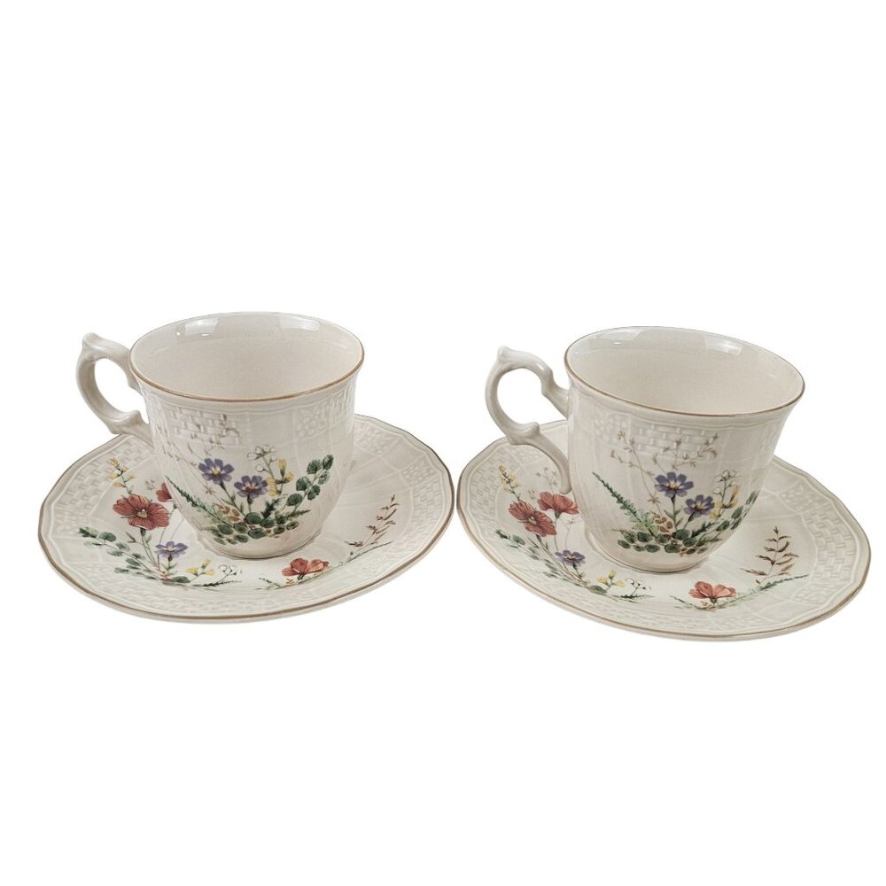 Mikasa Margaux 2 Flat Cup & Saucer Sets Floral Embossed Basketweave Japan 1980s